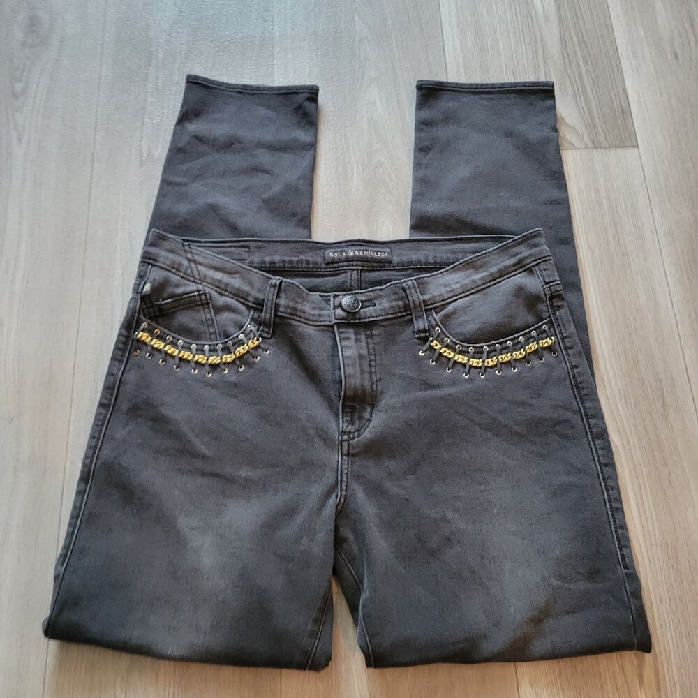 Rock & Republic Berlin 12M Black Jeans With Gold Chain Embellishments